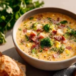 Bowl of creamy vegetable soup loaded with fresh vegetables and herbs