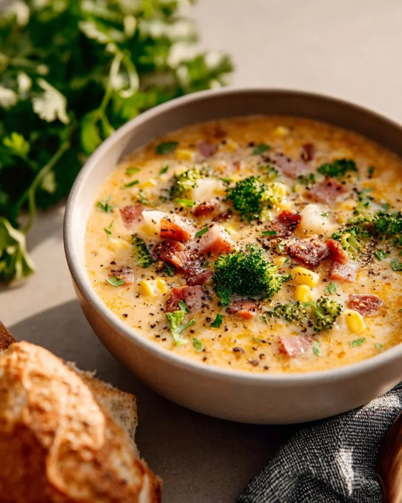 Bowl of creamy vegetable soup loaded with fresh vegetables and herbs