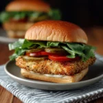 Crispy pickle-brined chicken sandwich served with pickles and sauce