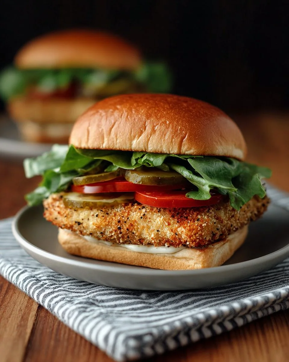Crispy pickle-brined chicken sandwich served with pickles and sauce