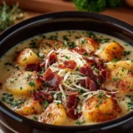 Crock Pot Crack Potato Soup served in a bowl, garnished with chives and cheese.
