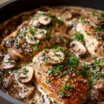 Crock Pot creamy mushroom chicken served on a plate with herbs