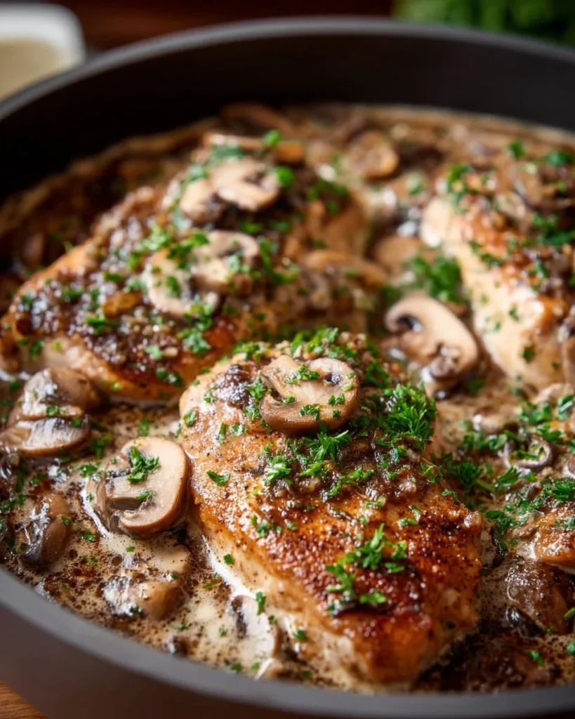 Crock Pot creamy mushroom chicken served on a plate with herbs