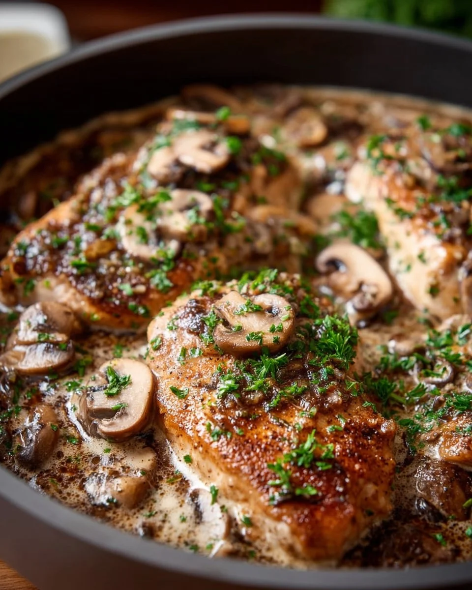 Crock Pot creamy mushroom chicken served on a plate with herbs