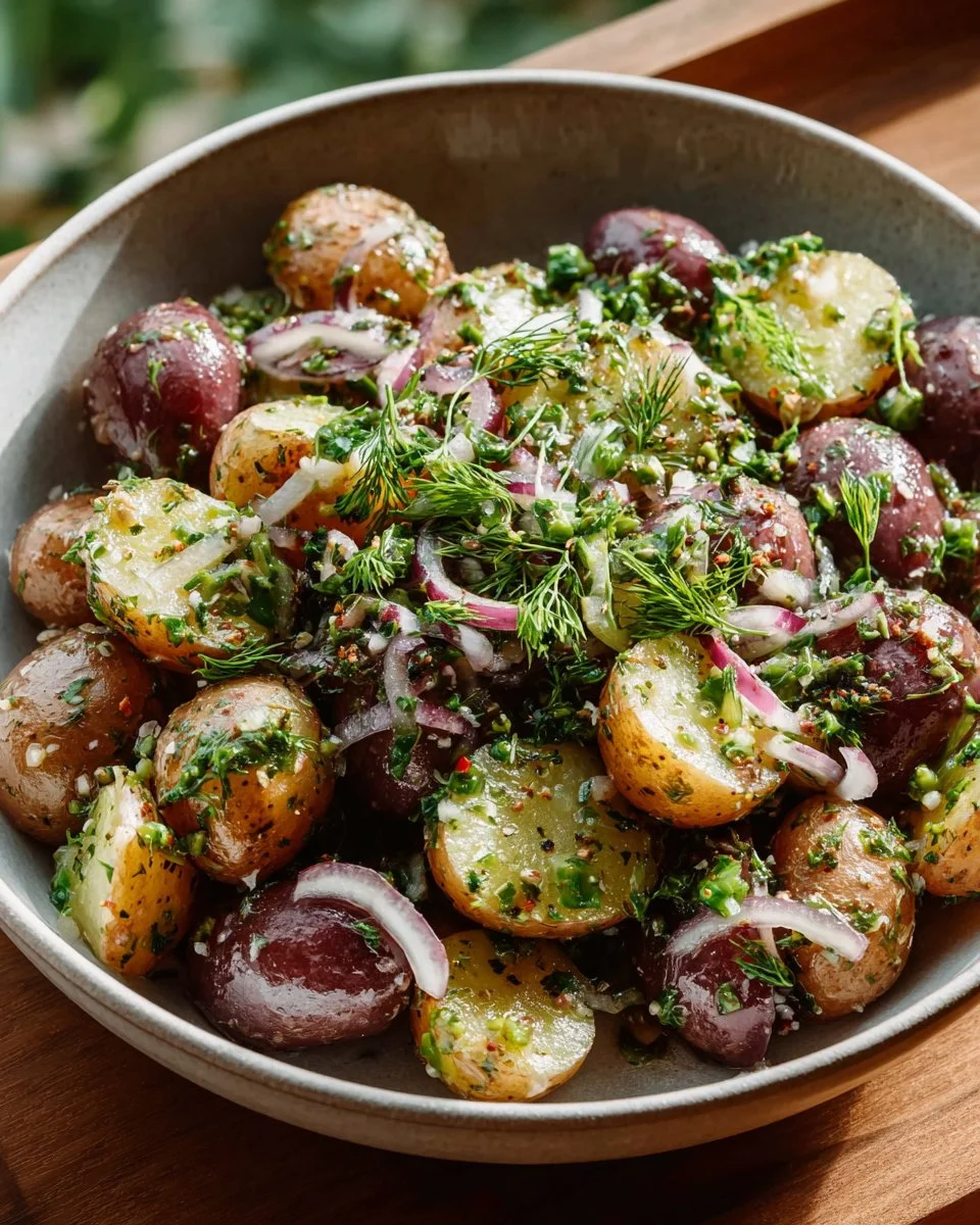 Delicious dill pickle potato salad served in a bowl with fresh herbs