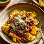 Plate of easy Italian sausage ragu served with pappardelle pasta