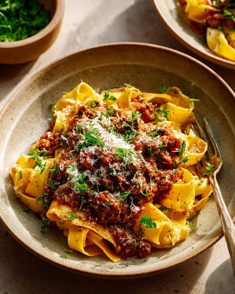 Plate of easy Italian sausage ragu served with pappardelle pasta