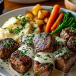Garlic Butter Steak Bites with Creamy Parmesan Sauce served in a bowl