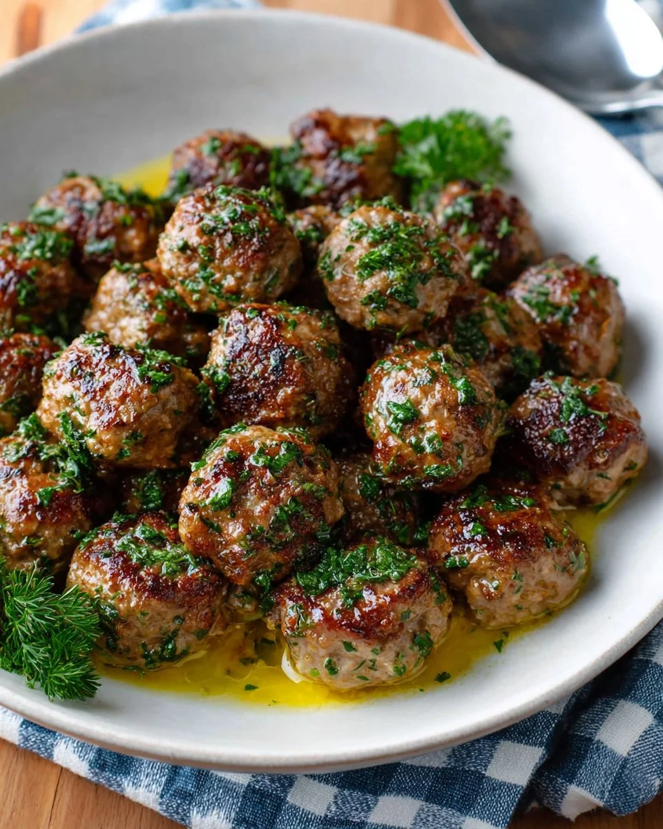 Plate of Greek Meatballs (Keftedes) with herb butter drizzled on top
