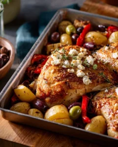 Greek-Style Chicken with Potatoes, Peppers, Olives, and Feta arranged on a plate