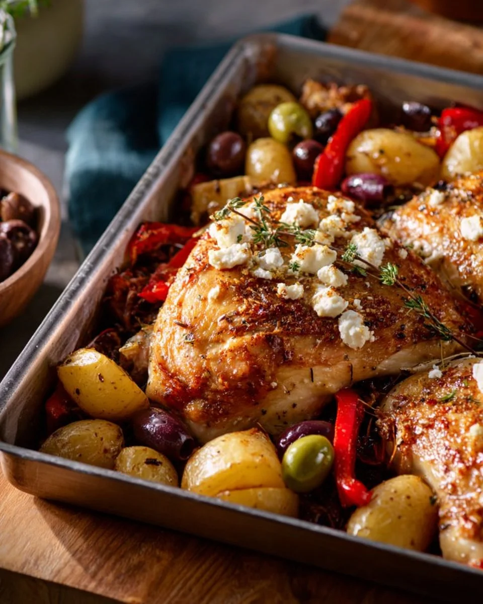 Greek-Style Chicken with Potatoes, Peppers, Olives, and Feta arranged on a plate