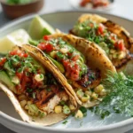 Delicious grilled fish tacos topped with fresh avocado salsa