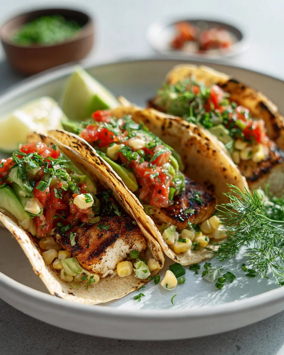 Delicious grilled fish tacos topped with fresh avocado salsa
