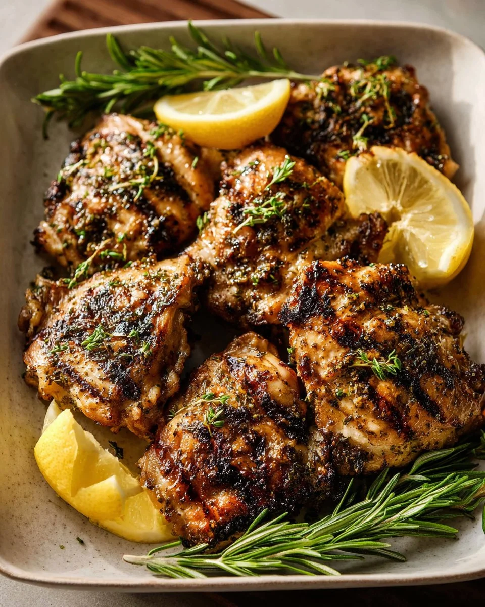 Grilled lemon chicken served with fresh herbs and lemon slices