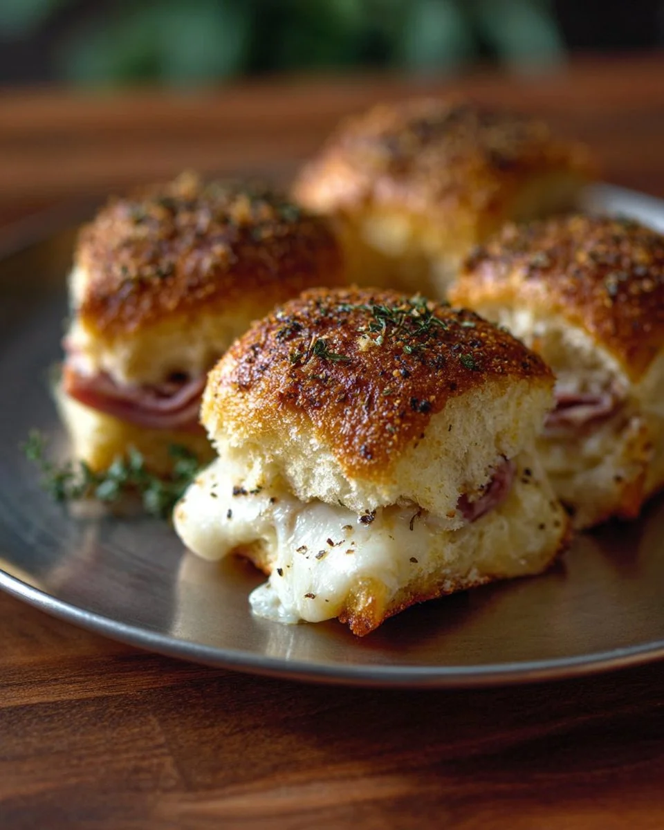 Ham and cheese party sandwiches ready for serving at a gathering