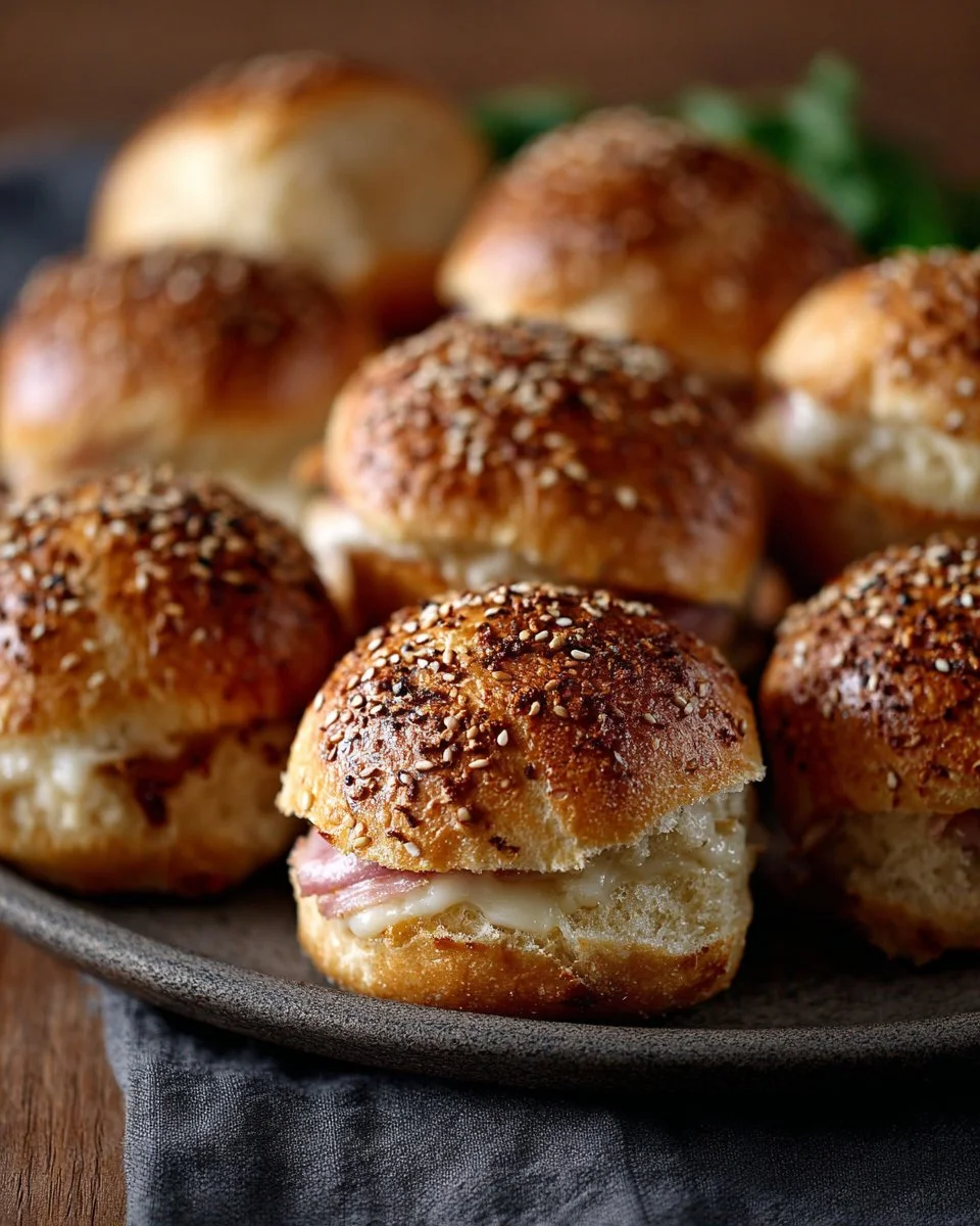 Ham and cheese sliders served on a platter, ideal for party appetizers.