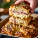 Delicious ham and cheese sliders baked to perfection on a serving platter