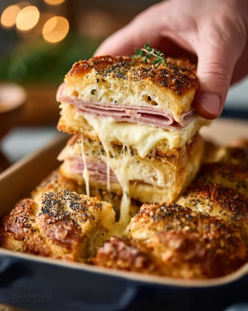 Delicious ham and cheese sliders baked to perfection on a serving platter
