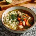 Bowl of hearty chicken and rice soup with fresh vegetables and herbs