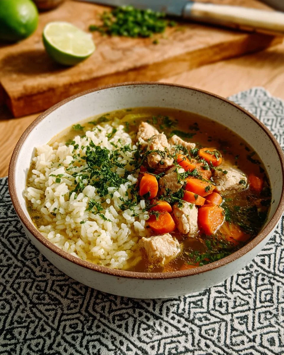 Bowl of hearty chicken and rice soup with fresh vegetables and herbs