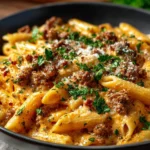 Delicious high protein creamy beef pasta served in a bowl
