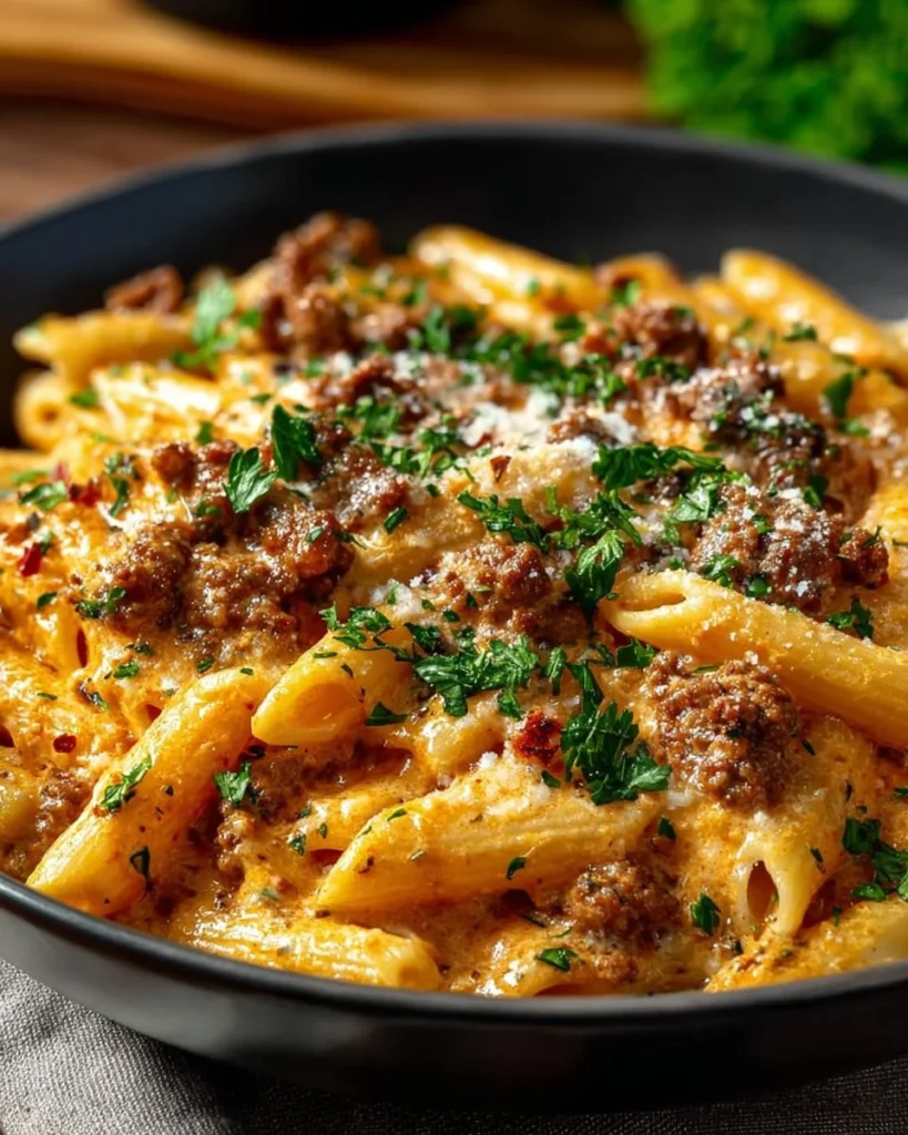 Delicious high protein creamy beef pasta served in a bowl