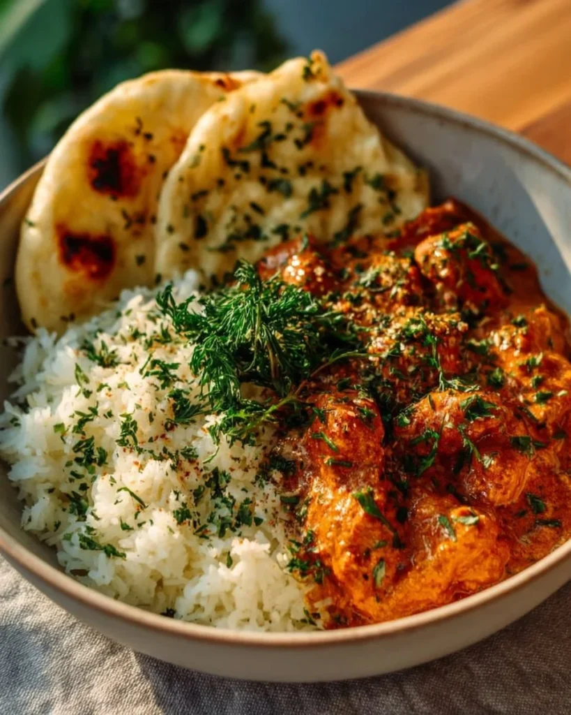 Delicious homemade butter chicken served with rice and naan on a wooden table.