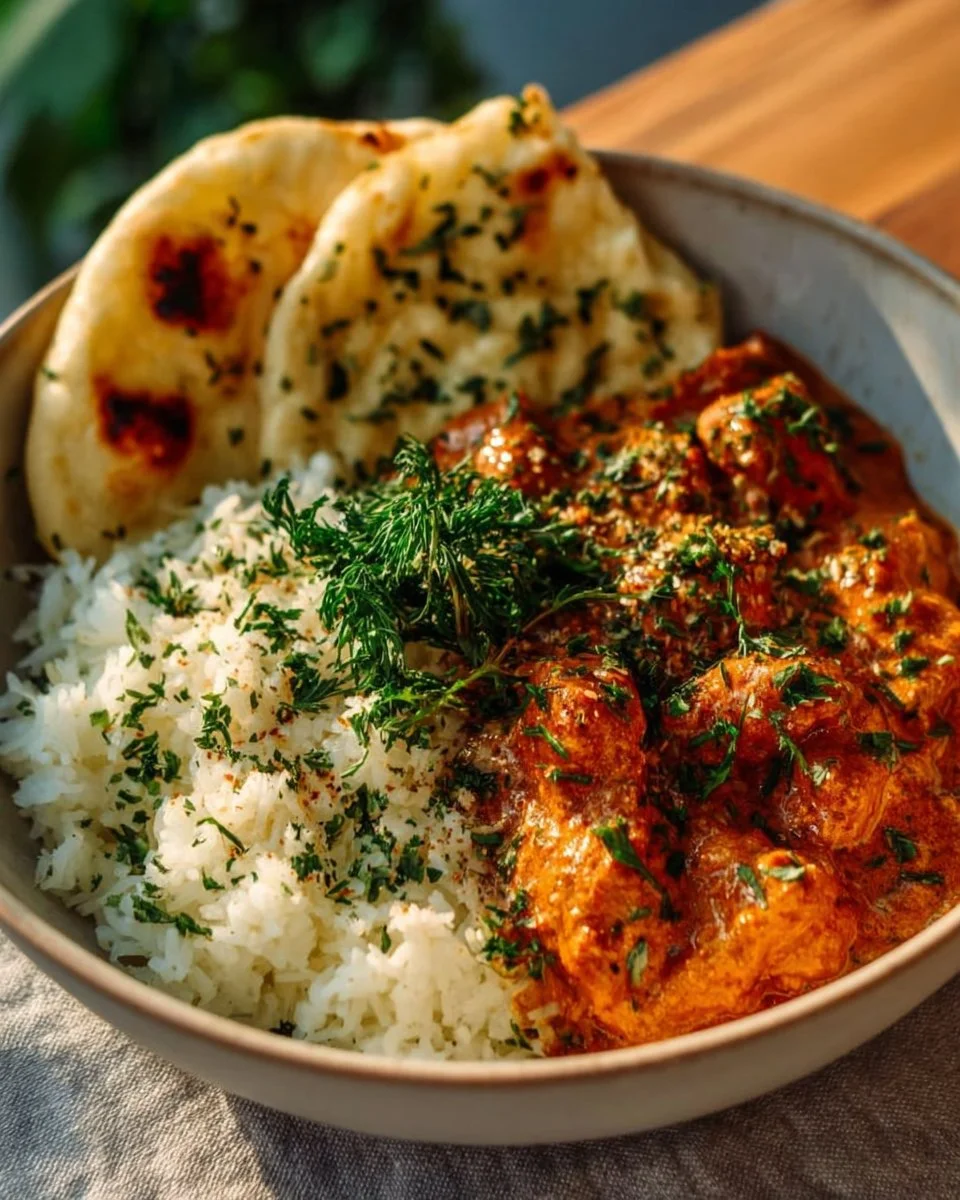 Delicious homemade butter chicken served with rice and naan on a wooden table.
