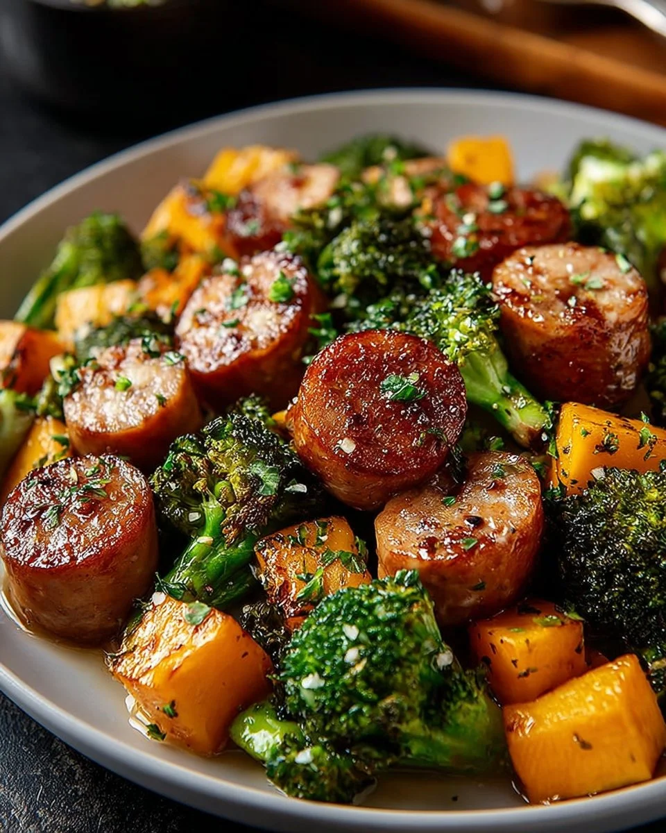 Honey Garlic Sheet Pan Sausage with vegetables on a baking sheet