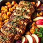 Delicious honey glazed apple slices on a wooden table