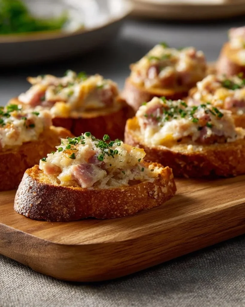 Hot ham and cheese dip served in a bowl with tortilla chips