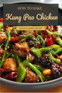 Delicious plate of Kung Pao Chicken with peppers, peanuts, and chicken pieces.