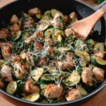 Plate of Lemon Garlic Chicken with Zucchini on a white table