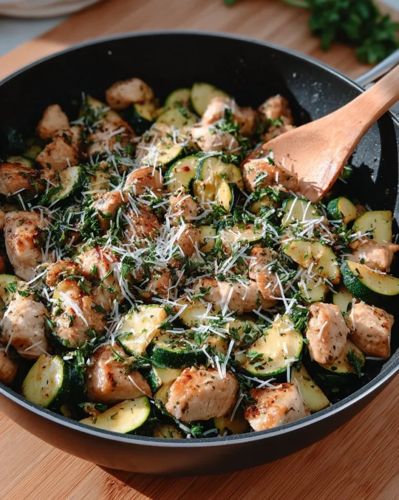 Plate of Lemon Garlic Chicken with Zucchini on a white table