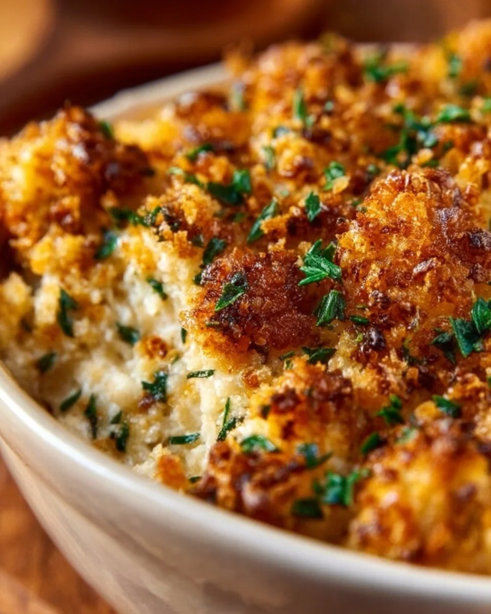 Delicious Million Dollar Chicken Casserole topped with cheese and served in a baking dish