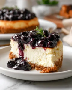 Delicious no bake blueberry cheesecake topped with fresh blueberries.
