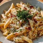 Bowl of One Pot Creamy Garlic Pasta garnished with parsley and garlic bread