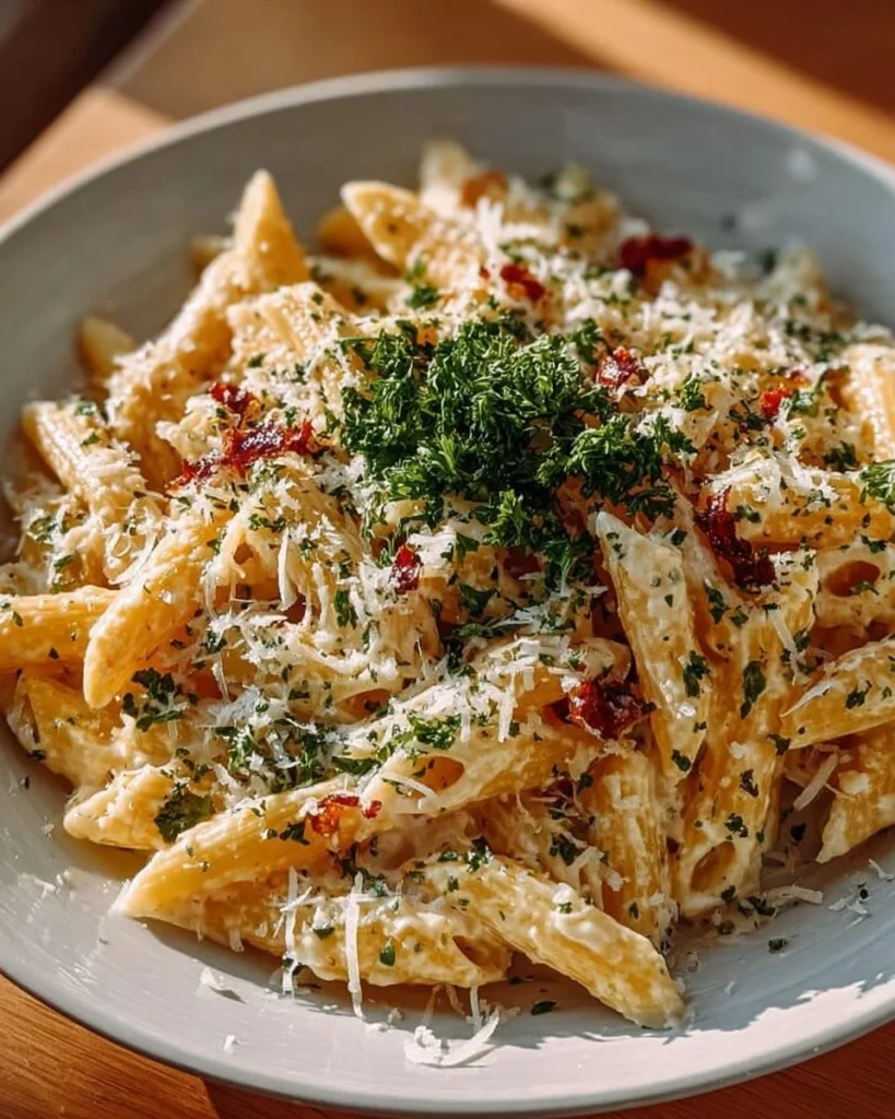 Bowl of One Pot Creamy Garlic Pasta garnished with parsley and garlic bread