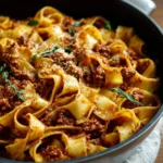 Delicious pappardelle pasta topped with rich Bolognese sauce.
