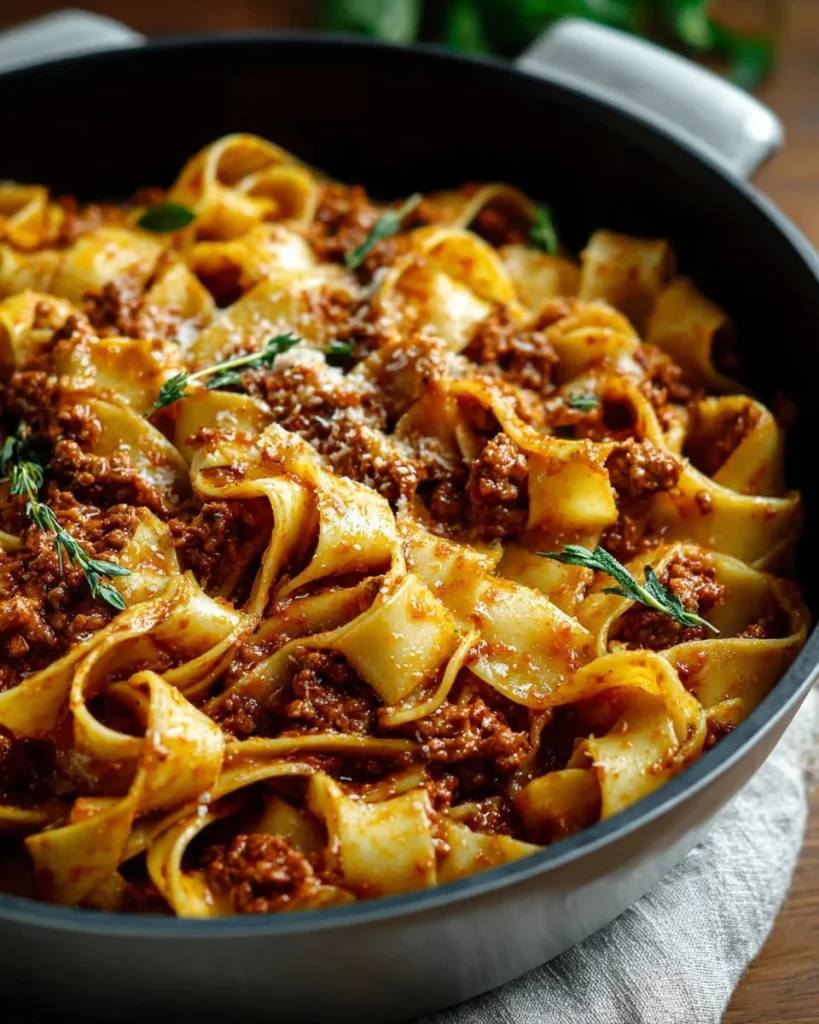Delicious pappardelle pasta topped with rich Bolognese sauce.