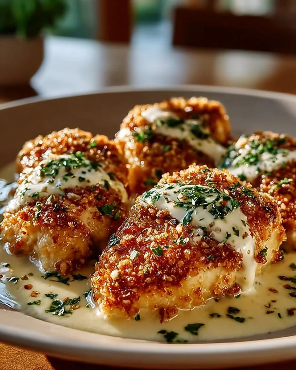 Deliciously crispy Parmesan Chicken served with fresh herbs