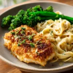 Delicious Parmesan Crusted Chicken garnished with herbs on a plate.