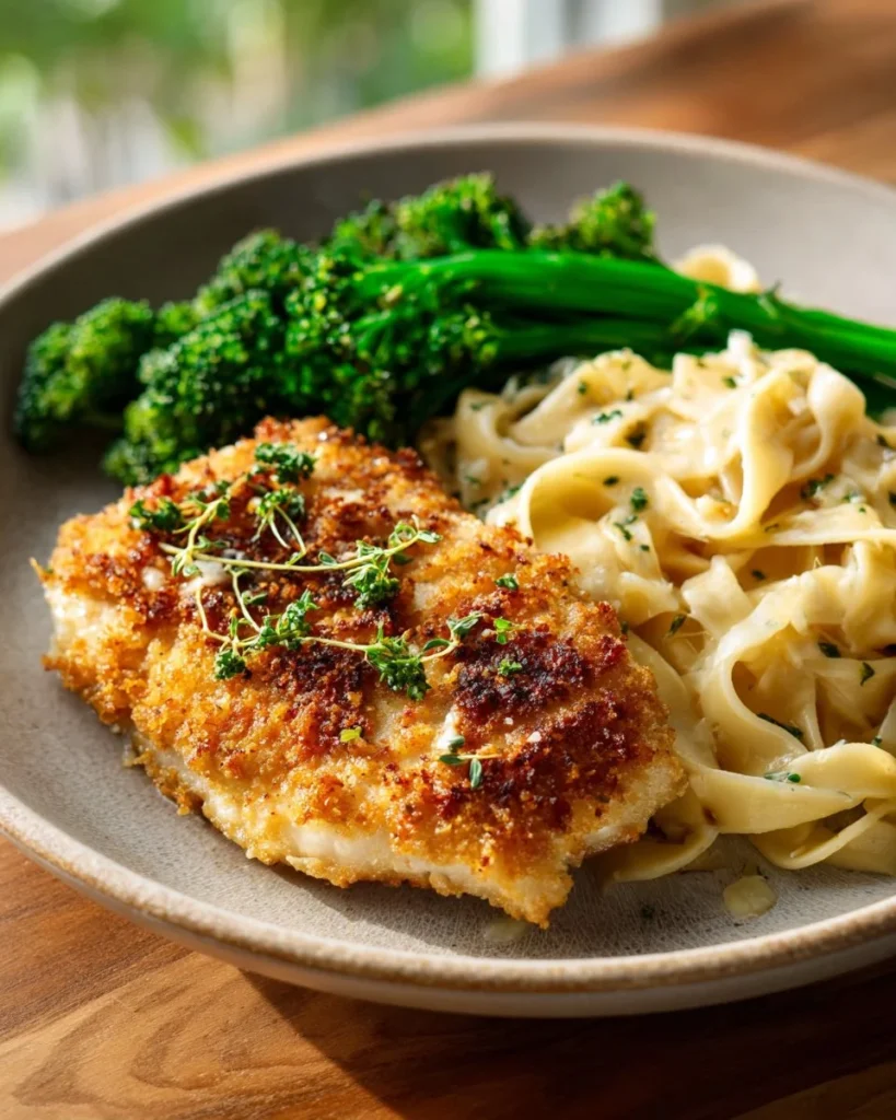 Delicious Parmesan Crusted Chicken garnished with herbs on a plate.