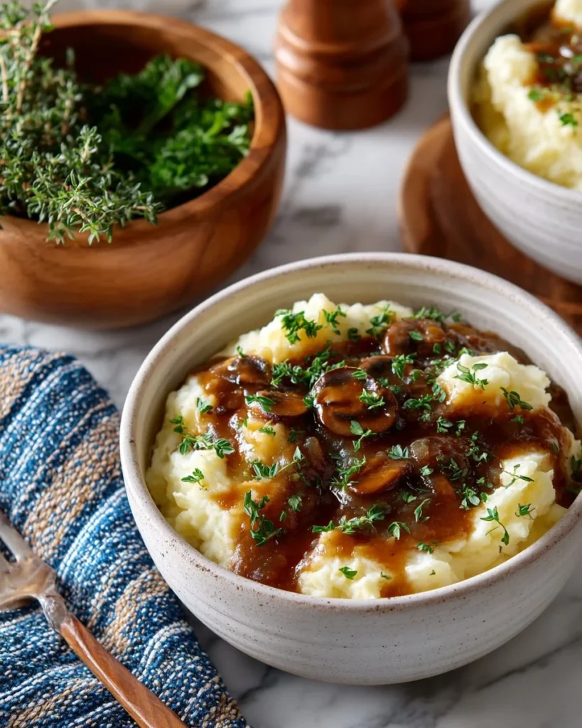 Bowl of rich and savory gravy served over mashed potatoes.