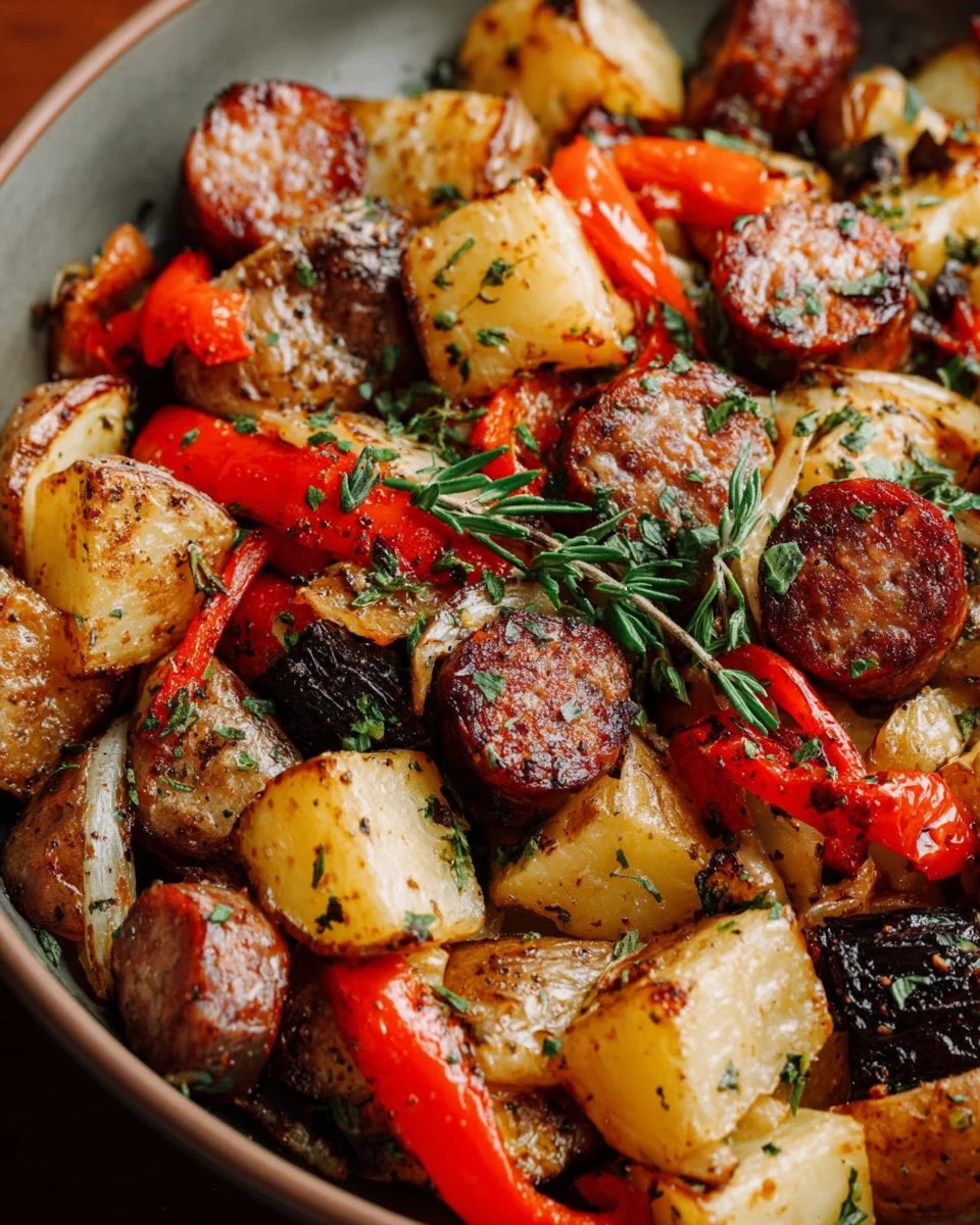 Delicious Sausage and Potato Skillet with fresh herbs and vegetables.