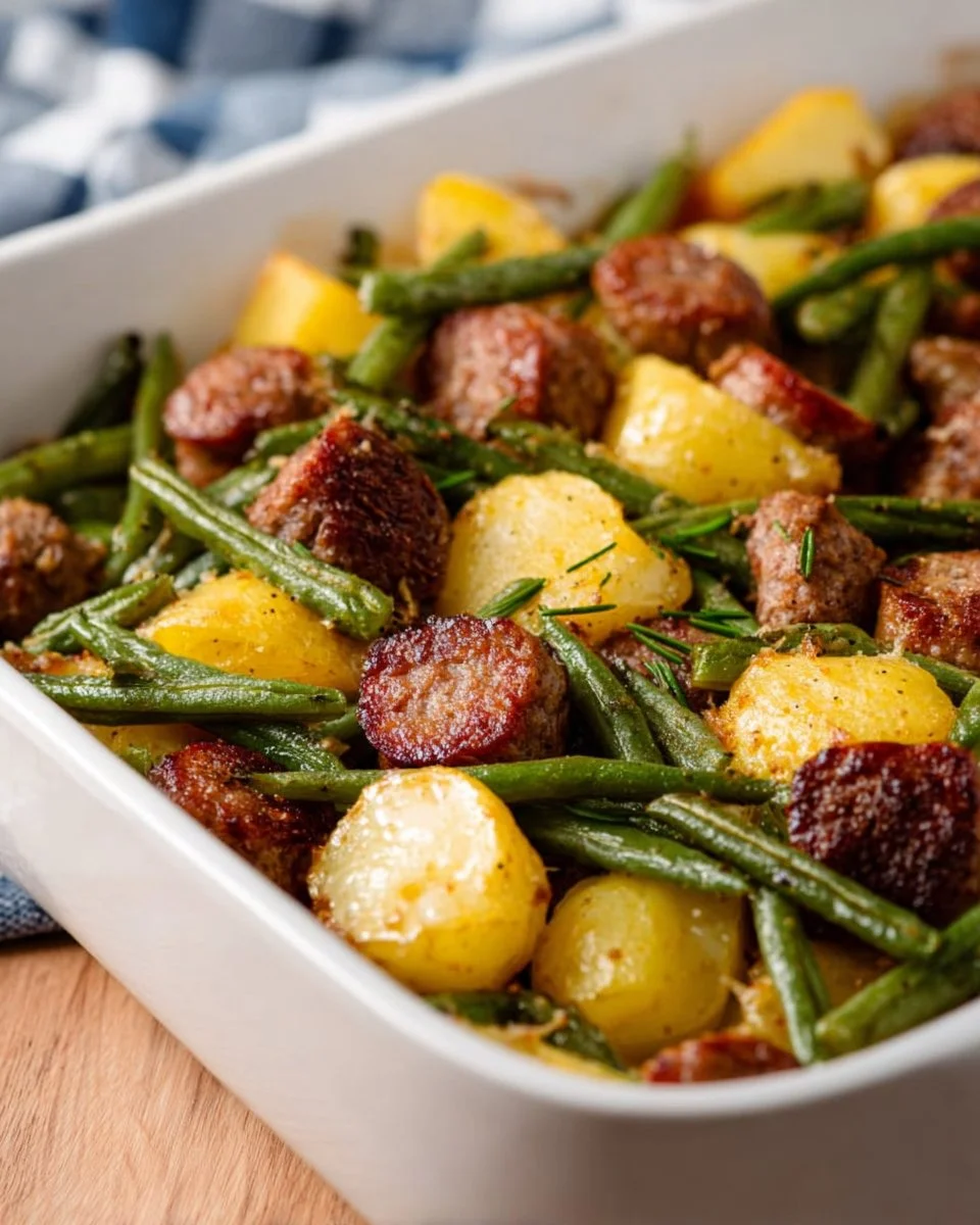 Delicious sausage potato green bean casserole served in a baking dish.