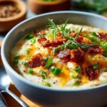 Bowl of savory potato leek soup garnished with herbs