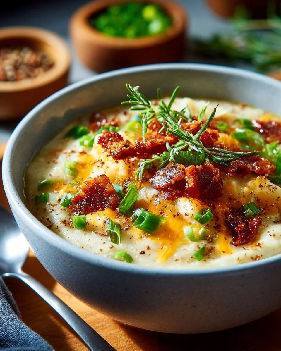 Bowl of savory potato leek soup garnished with herbs