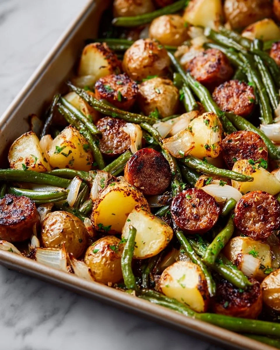 Savory sausage, green beans, and potato bake dish ready to serve