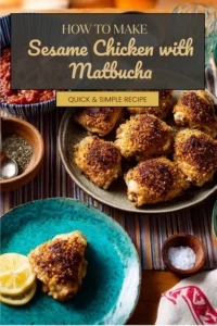 Sesame Chicken served with Matbucha sauce on a plate